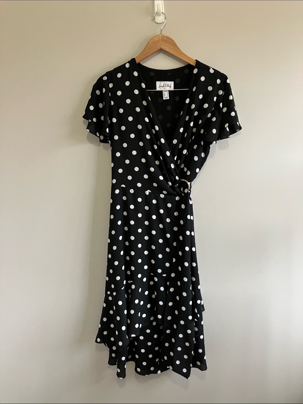 Joseph Ribkoff black and White Polka Dot Wrap Midi Dress ruffle A-line size 12 - Picture 2 of 10
